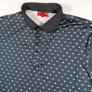 Redvanly Mens Large Golf Polo Shirt Black Blue White Floral Lotus Print Stretch